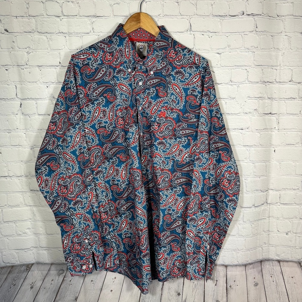 Cinch Mens Paisley Western‎ Button Down Shirt Blue Red Long Sleeve MTW1104505 L